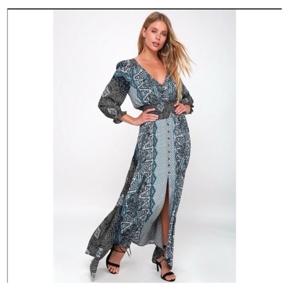 FREE PEOPLE Mexicali Rose Smocked Waist Maxi Dress Blue Size XS Boho Bohemian - Picture 3 of 16